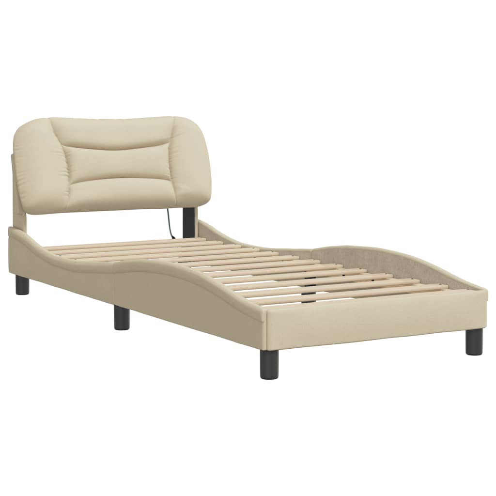 Estrutura de cama c/ cabeceira tecido cor creme 90x190 cm