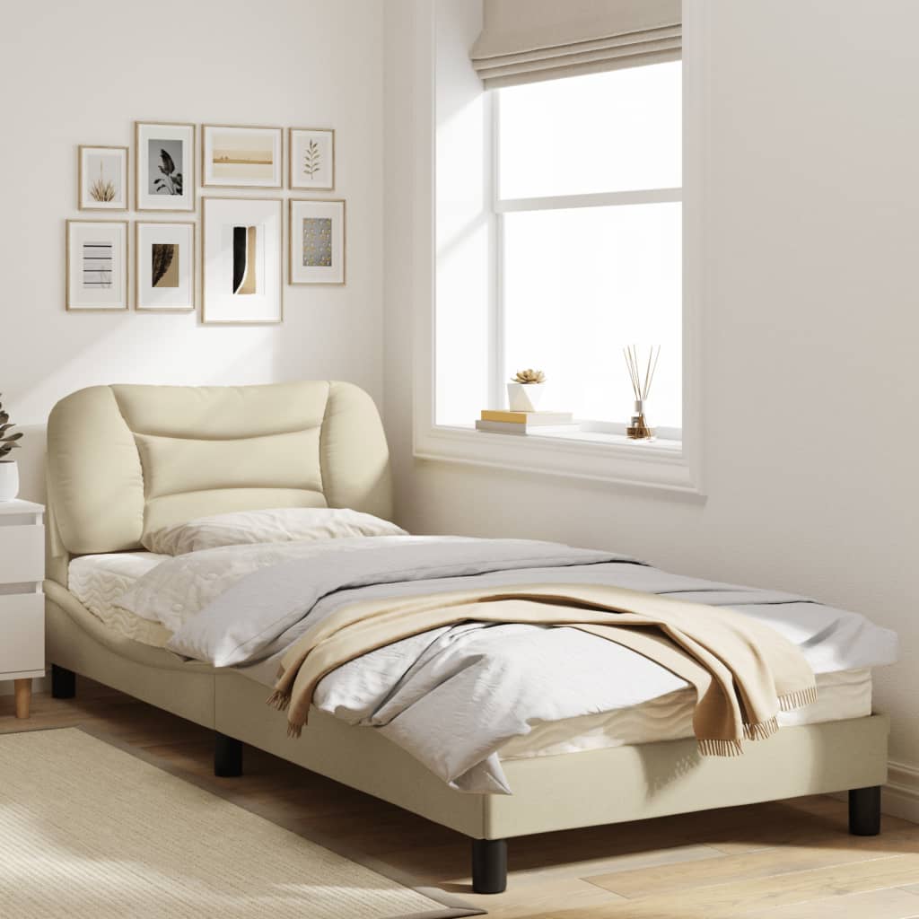 Estrutura de cama c/ cabeceira tecido cor creme 90x190 cm