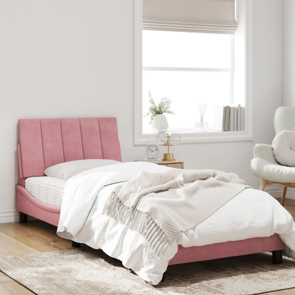 Estrutura de cama c/ cabeceira 90x190 cm veludo rosa