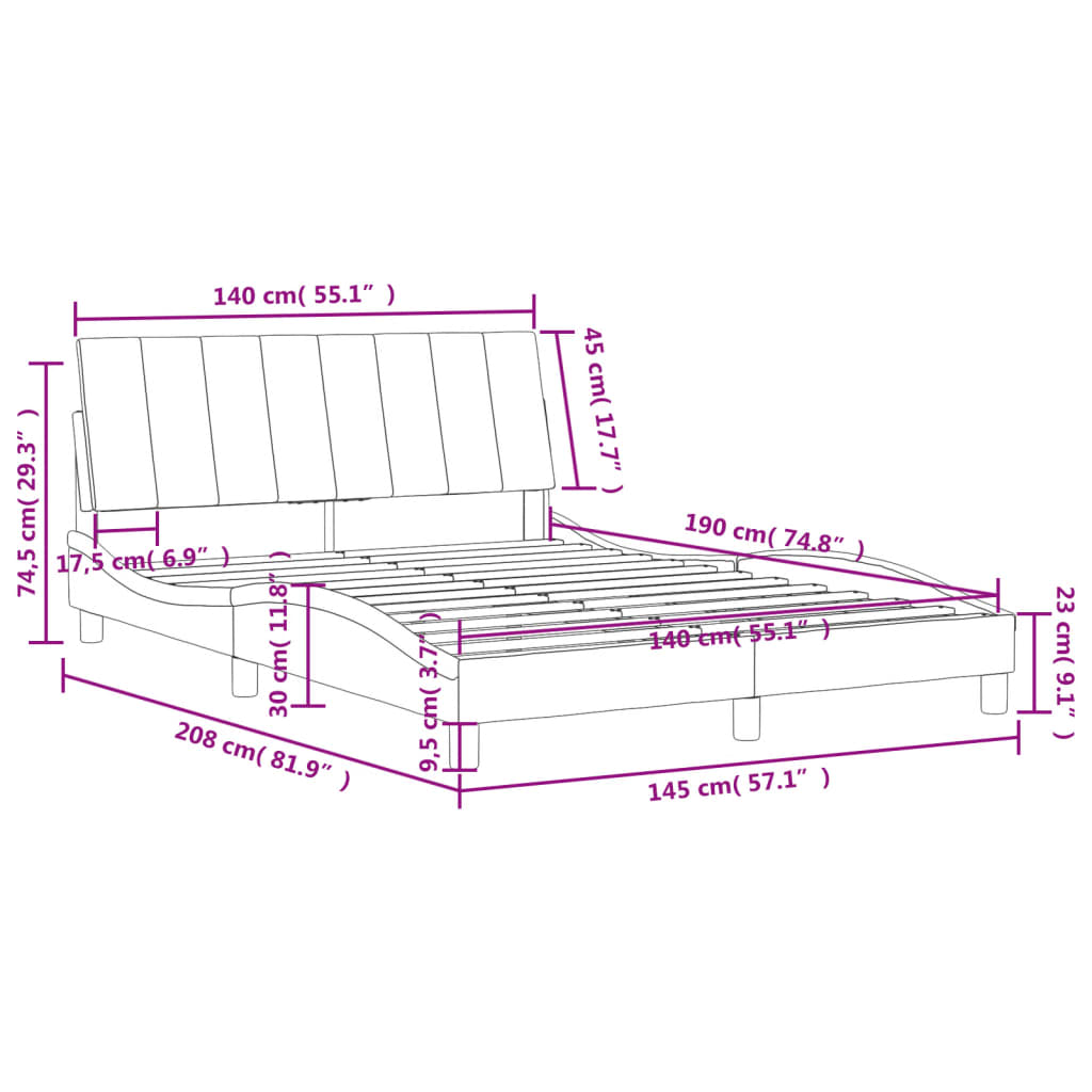 Estrutura de cama c/ cabeceira 140x190 cm veludo cinzento-claro