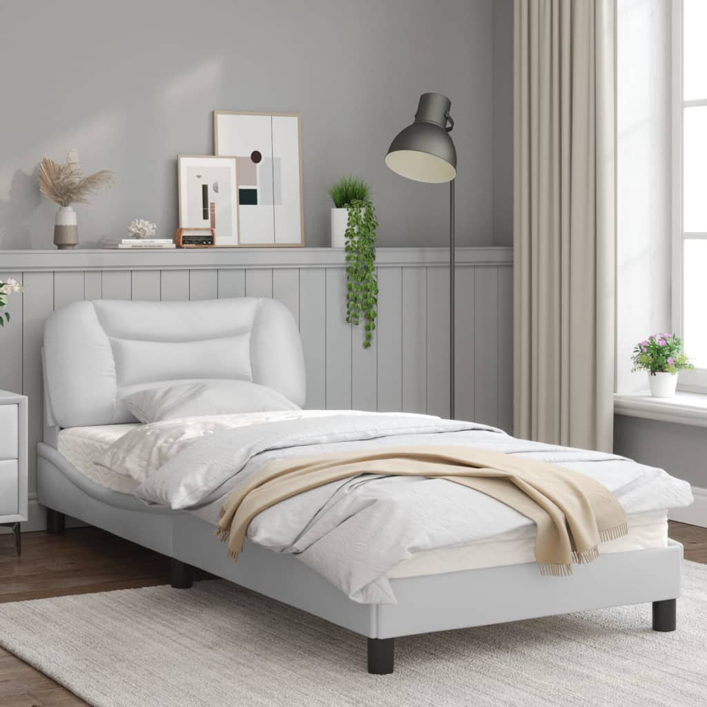 Estrutura de cama c/ cabeceira couro artificial 90x190cm branco