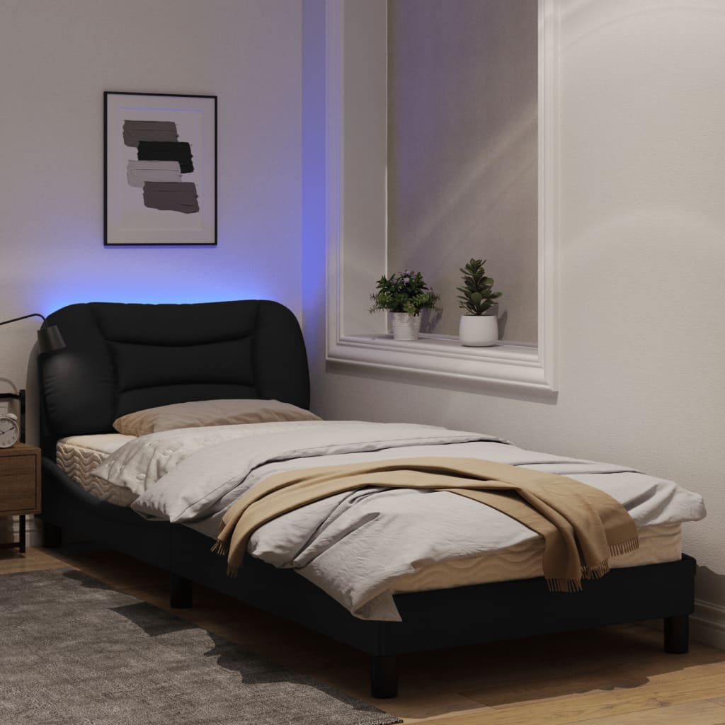 Estrutura de cama c/ luzes LED 90x190 cm tecido preto