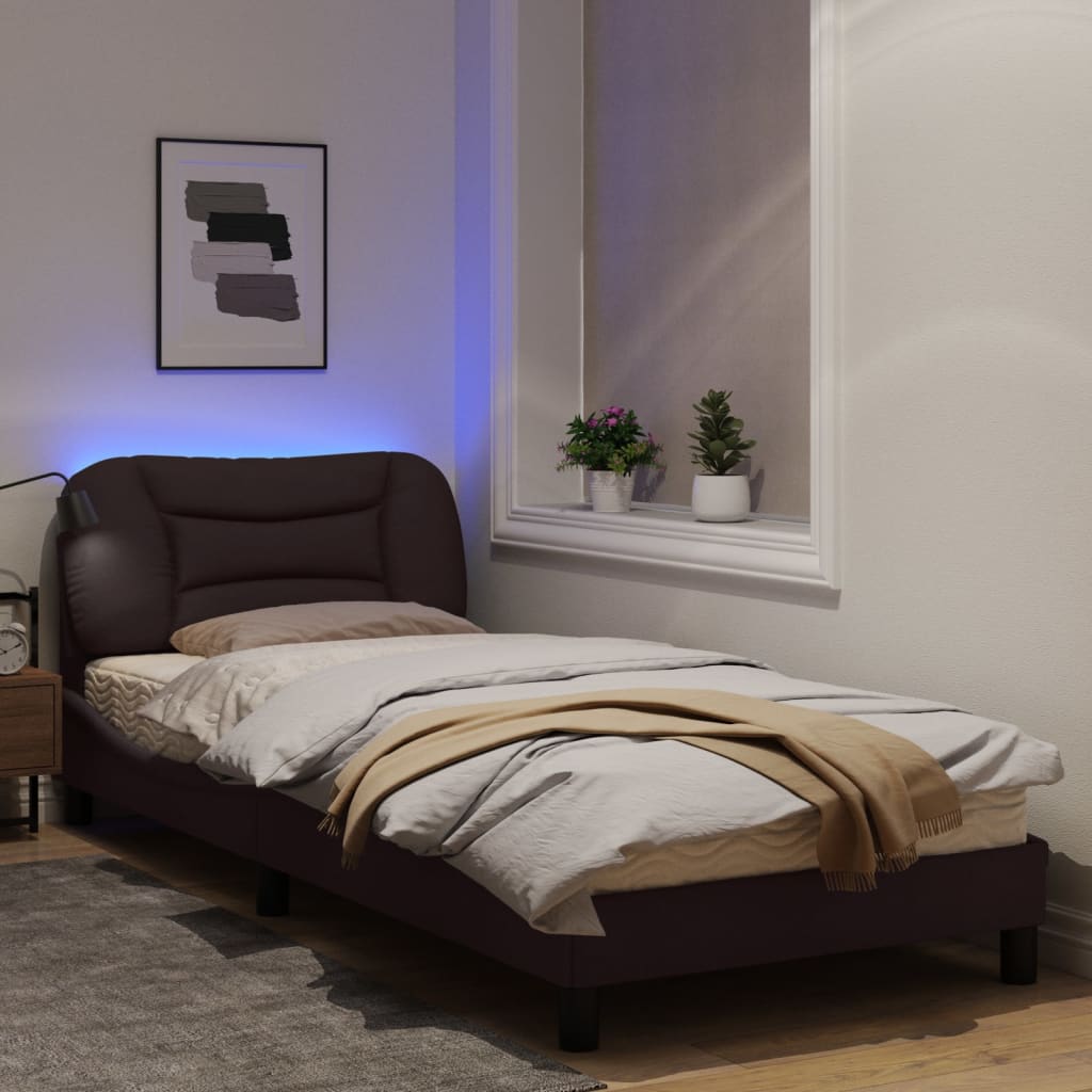 Estrutura de cama c/ luzes LED 90x190 cm tecido castanho-escuro