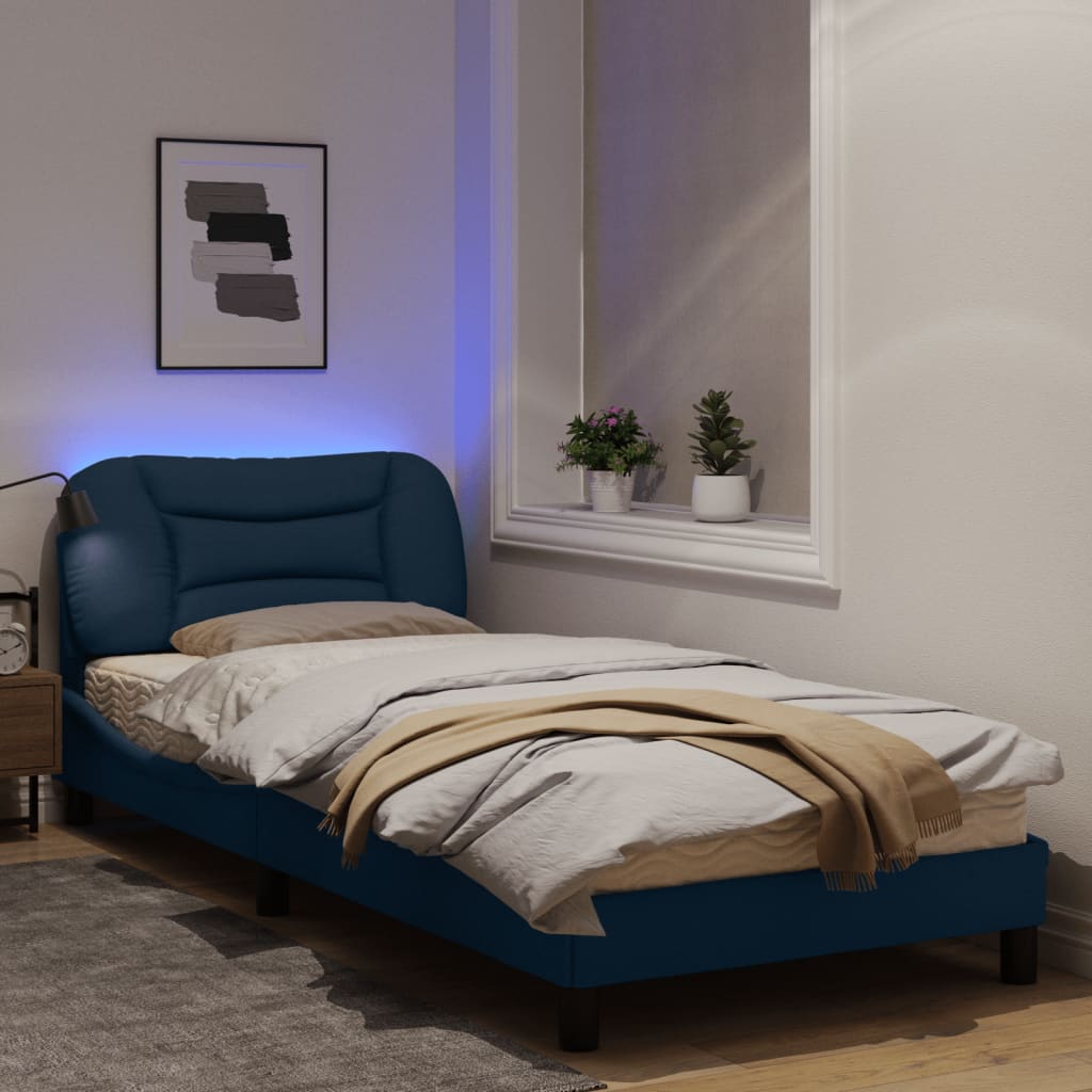 Estrutura de cama c/ luzes LED 90x190 cm tecido azul