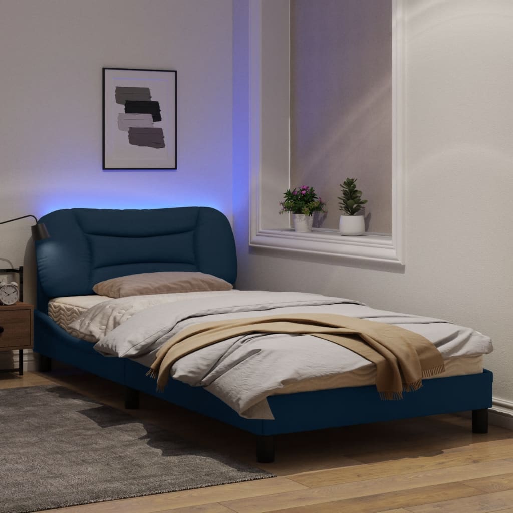 Estrutura de cama com luzes LED 100x200 cm tecido azul