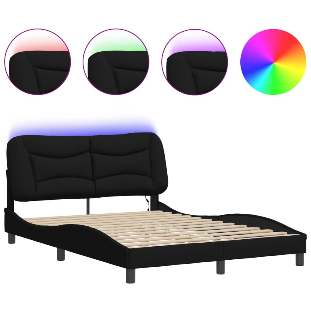 Estrutura de cama c/ luzes LED 140x190 cm tecido preto