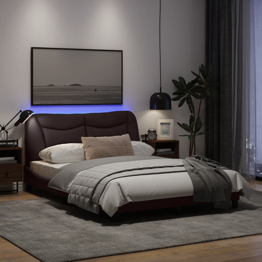 Estrutura de cama c/ luzes LED 140x190cm tecido castanho-escuro