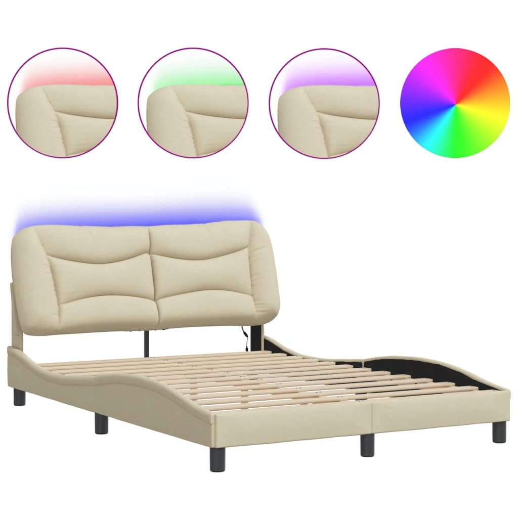 Estrutura de cama c/ luzes LED 140x190 cm tecido creme