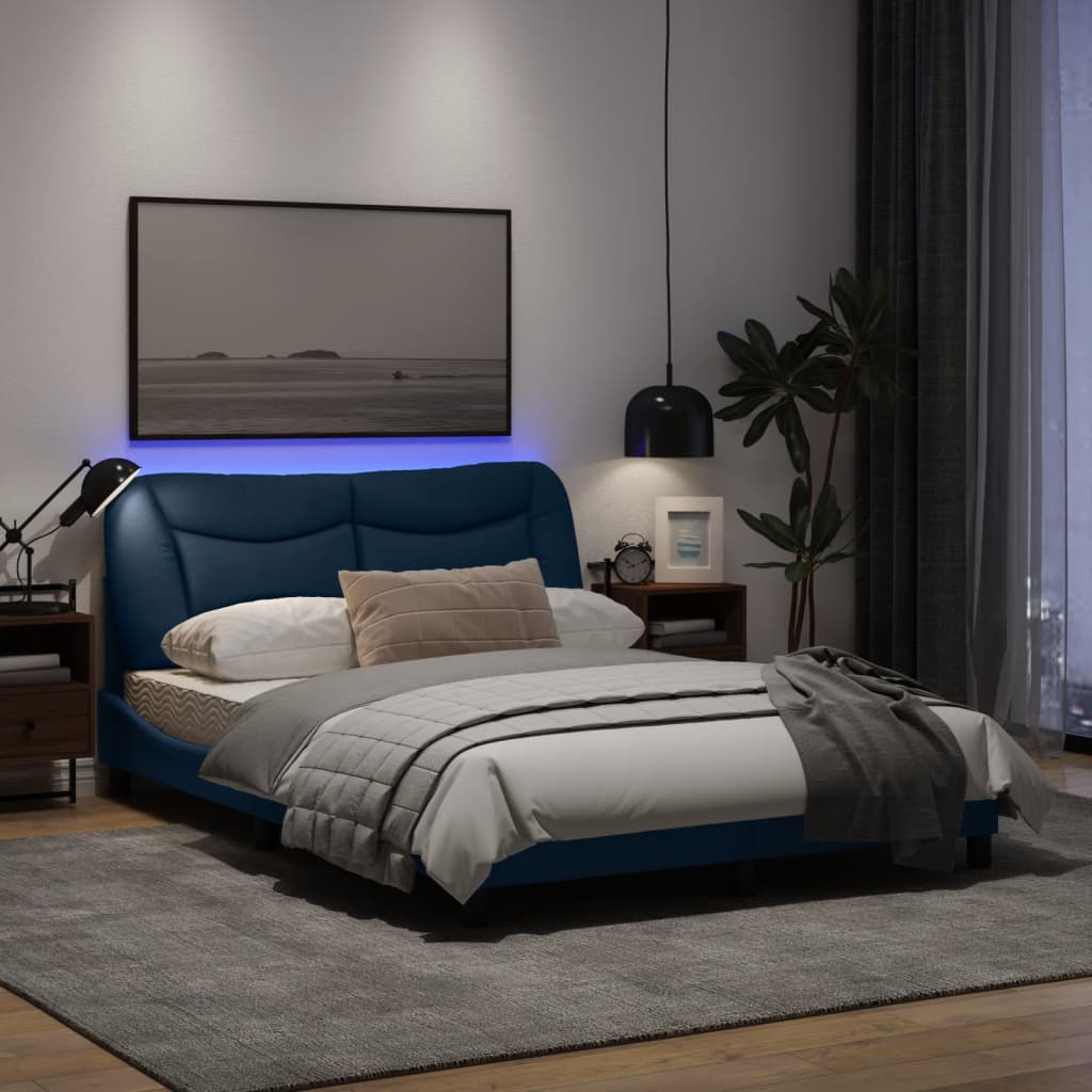 Estrutura de cama c/ luzes LED 140x190 cm tecido azul