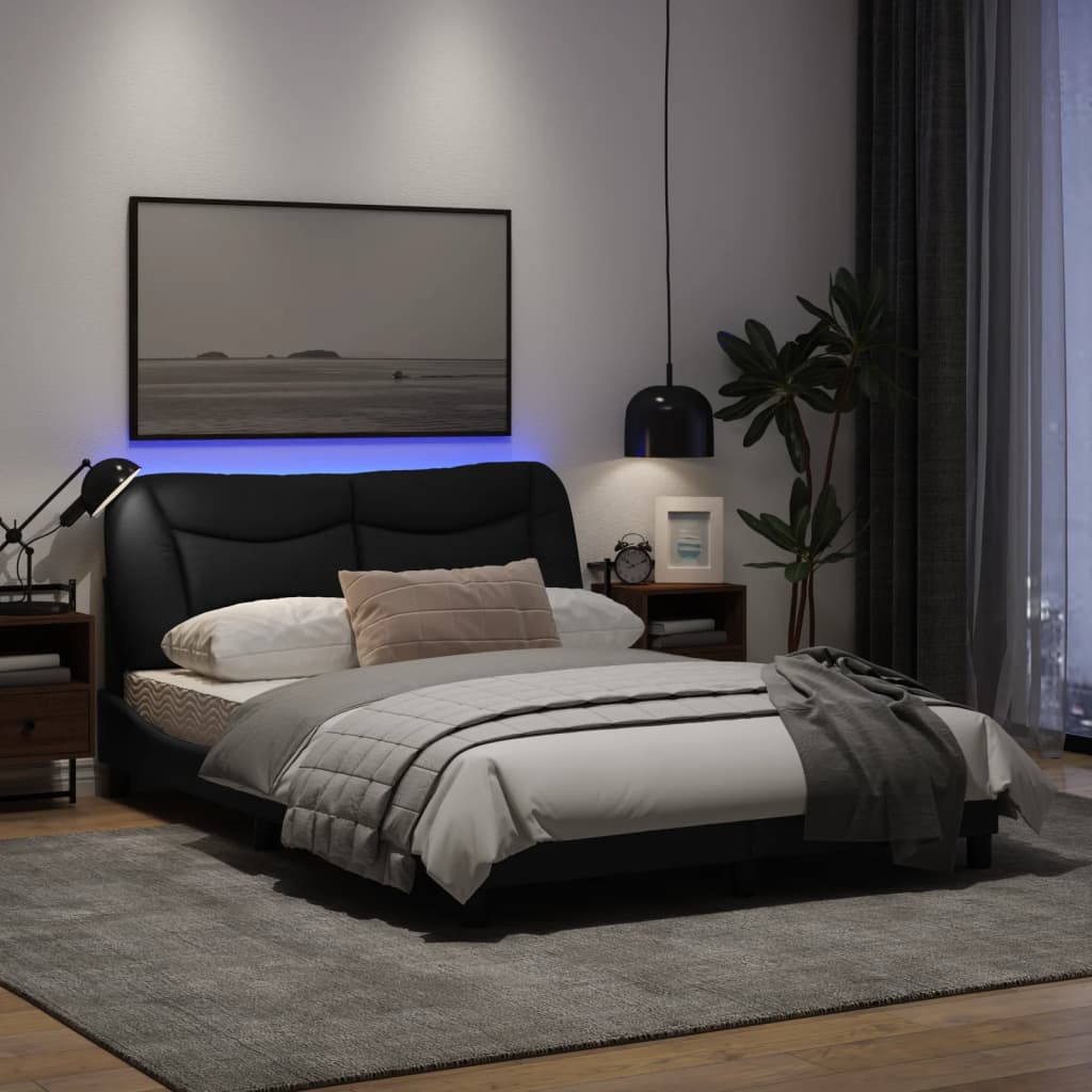 Estrutura de cama c/ luzes LED 140x200 cm tecido preto