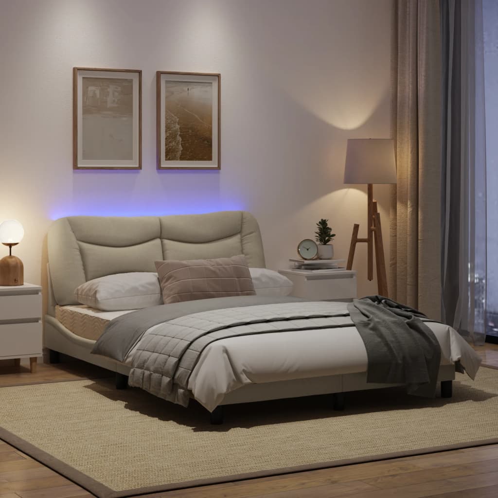 Estrutura de cama c/ luzes LED 140x200 cm tecido creme