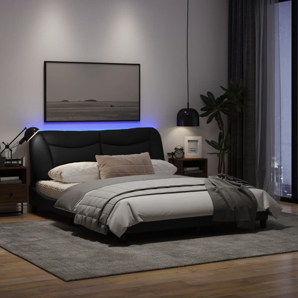 Estrutura de cama c/ luzes LED 160x200 cm tecido preto