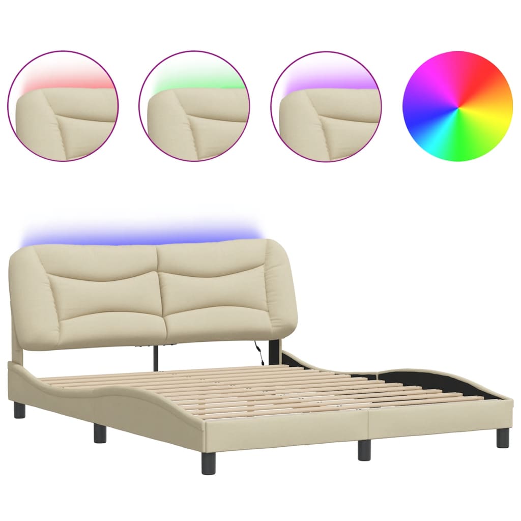 Estrutura de cama c/ luzes LED 160x200 cm tecido creme