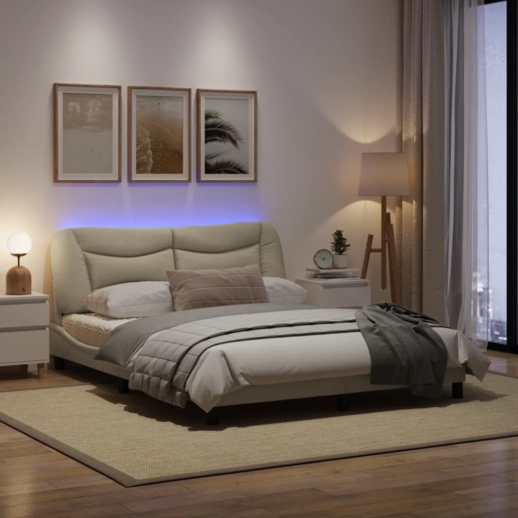 Estrutura de cama c/ luzes LED 160x200 cm tecido creme