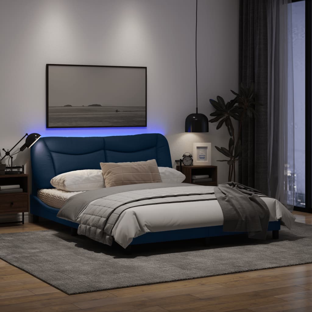 Estrutura de cama c/ luzes LED 160x200 cm tecido azul