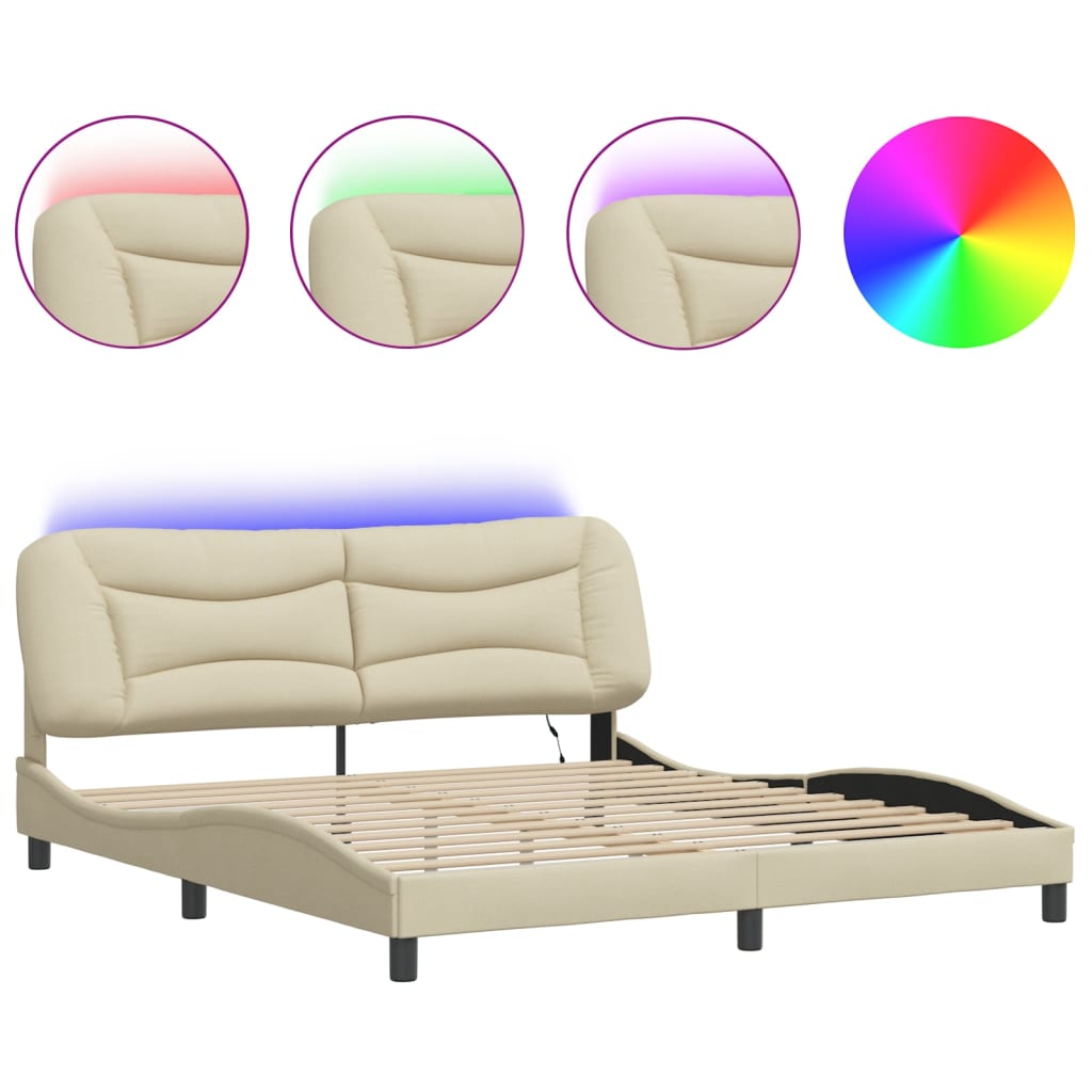 Estrutura de cama com luzes LED 180x200 cm tecido creme