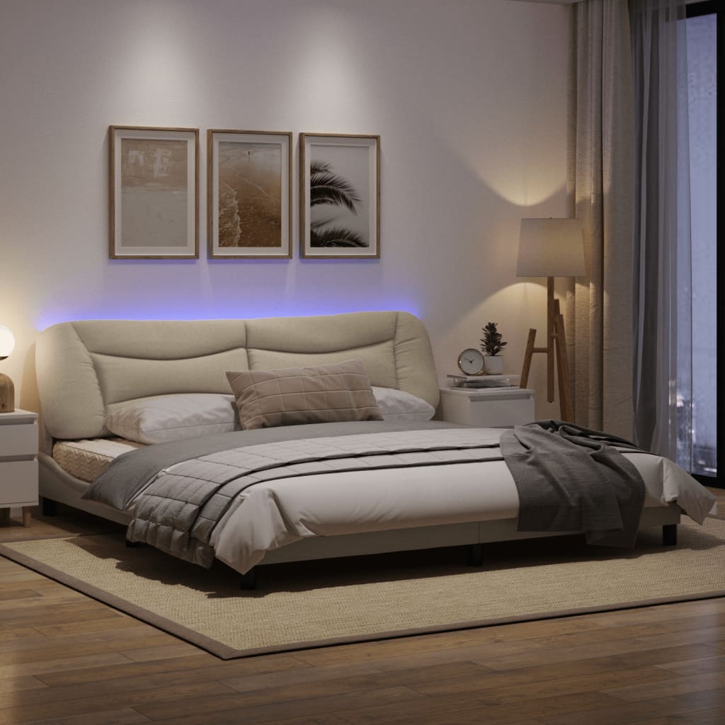 Estrutura de cama c/ luzes LED 200x200 cm tecido cor creme