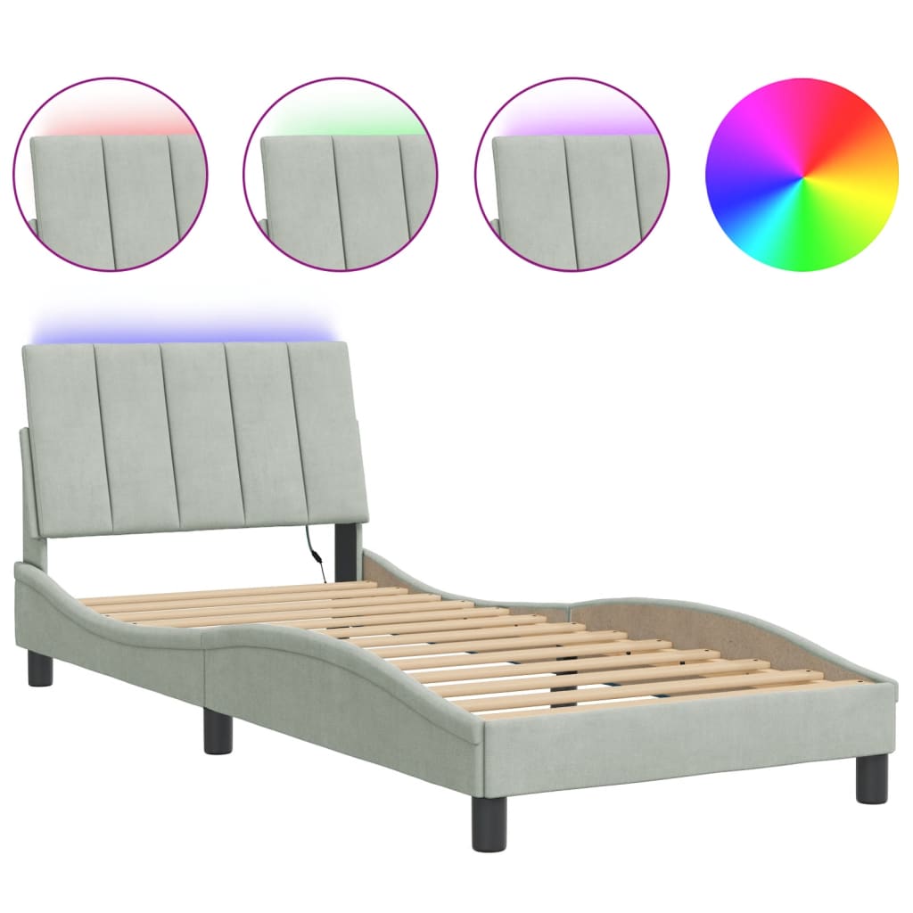 Estrutura de cama c/ luzes LED 90x190 cm veludo cinzento-claro