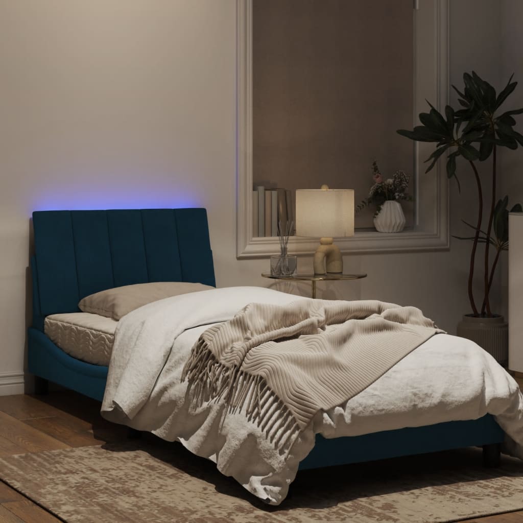 Estrutura de cama c/ luzes LED 90x190 cm veludo azul