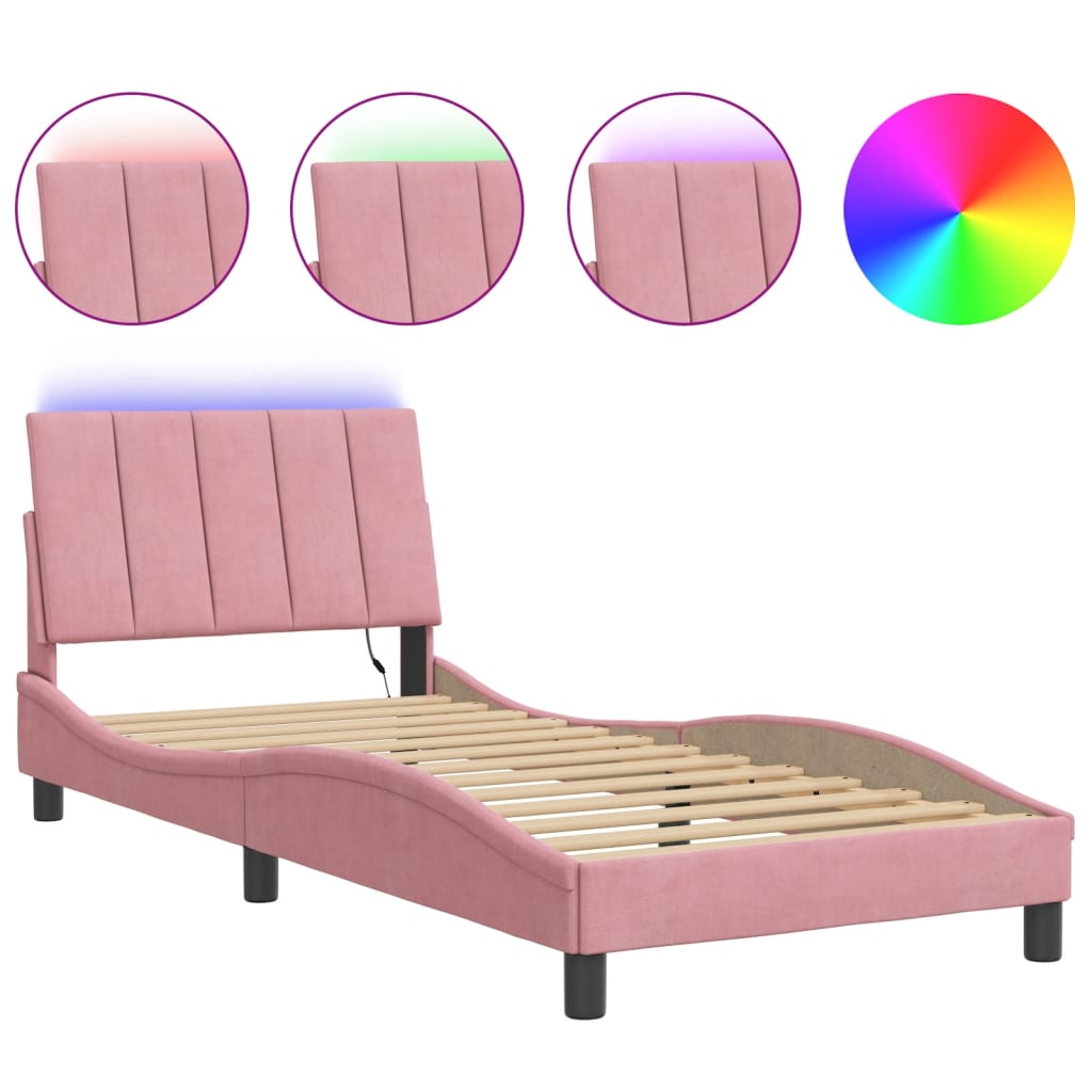 Estrutura de cama c/ luzes LED 90x190 cm veludo rosa