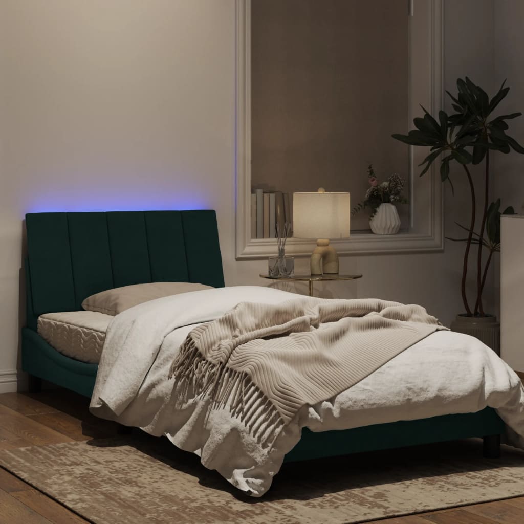 Estrutura de cama c/ luzes LED 100x200 cm veludo verde-escuro