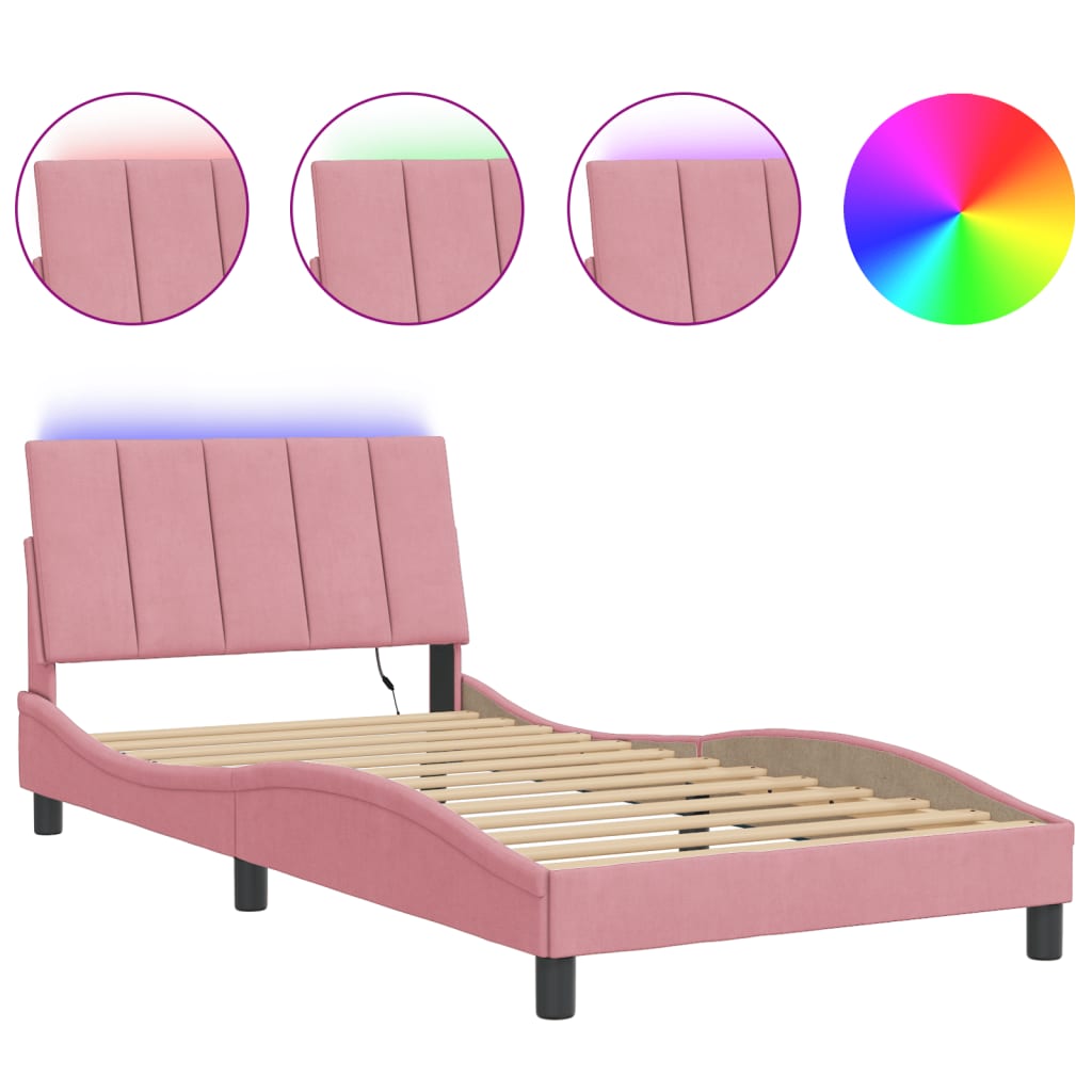 Estrutura de cama c/ luzes LED 100x200 cm veludo rosa