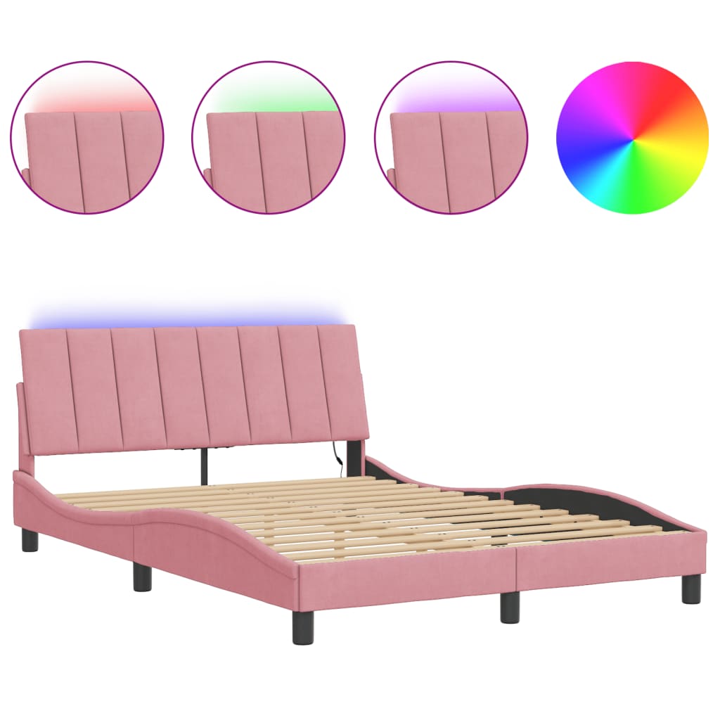 Estrutura de cama c/ luzes LED 140x190 cm veludo rosa