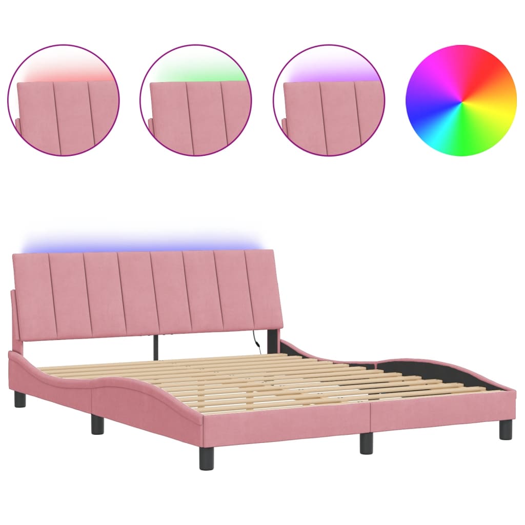 Estrutura de cama c/ luzes LED 160x200 cm veludo rosa