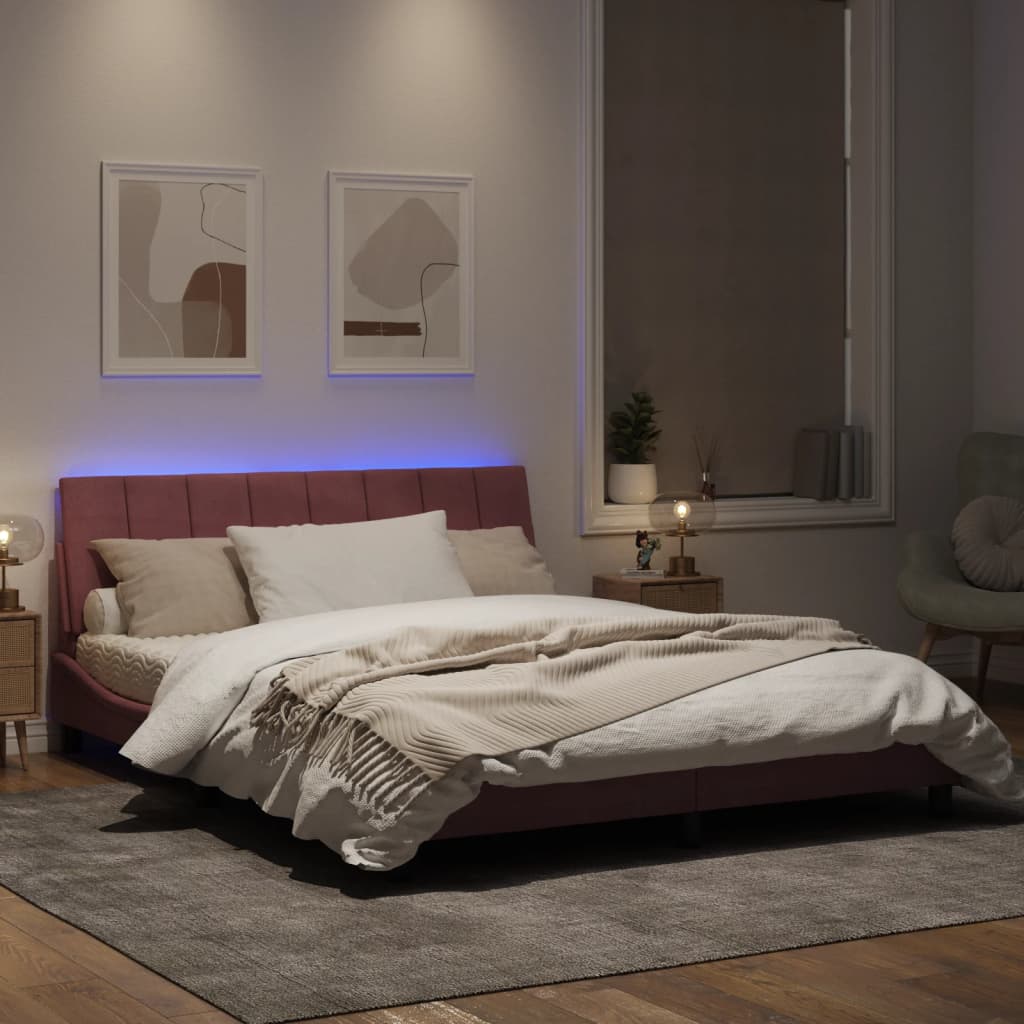 Estrutura de cama c/ luzes LED 160x200 cm veludo rosa