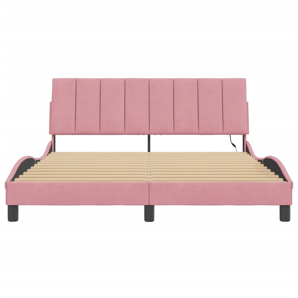 Estrutura de cama c/ luzes LED 160x200 cm veludo rosa