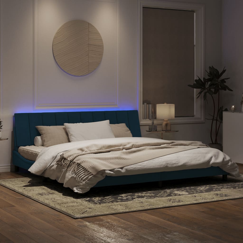 Estrutura de cama c/ luzes LED 200x200 cm veludo azul