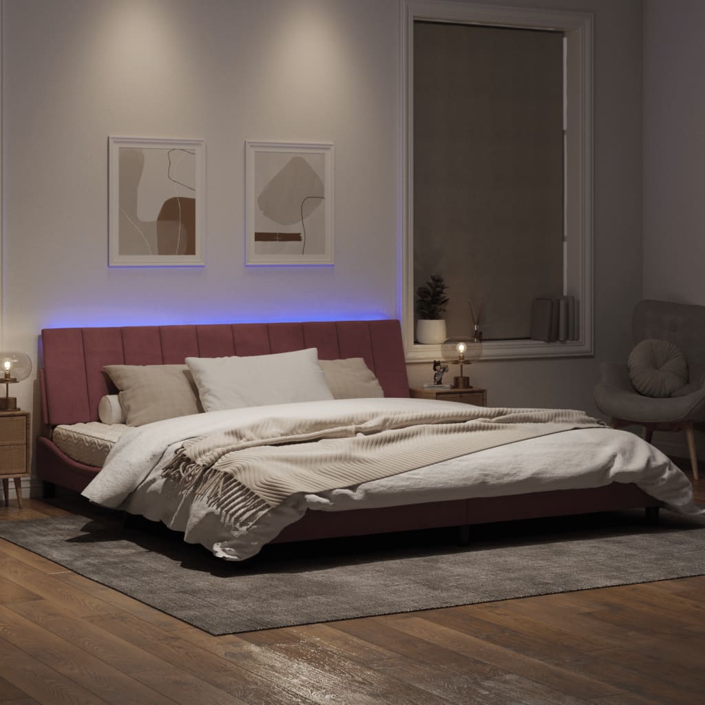 Estrutura de cama c/ luzes LED 200x200 cm veludo rosa