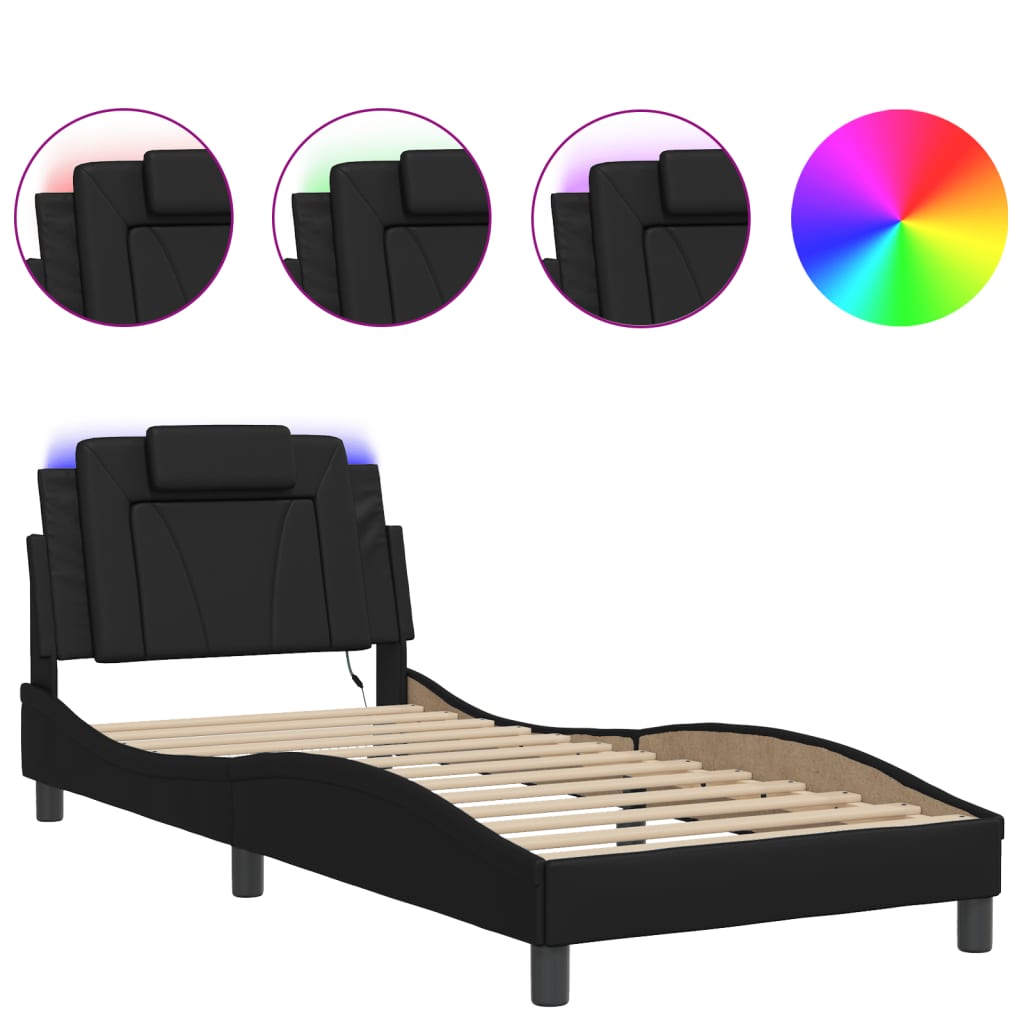 Estrutura de cama c/ luzes LED 90x190 cm couro artificial preto