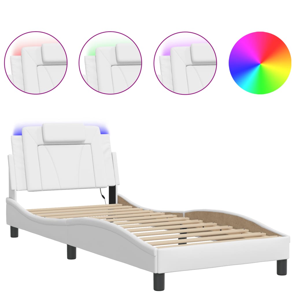 Estrutura de cama c/ luzes LED 90x190cm couro artificial branco