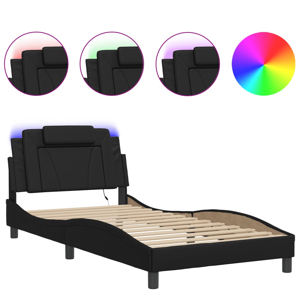 Estrutura de cama c/ luzes LED 100x200cm couro artificial preto