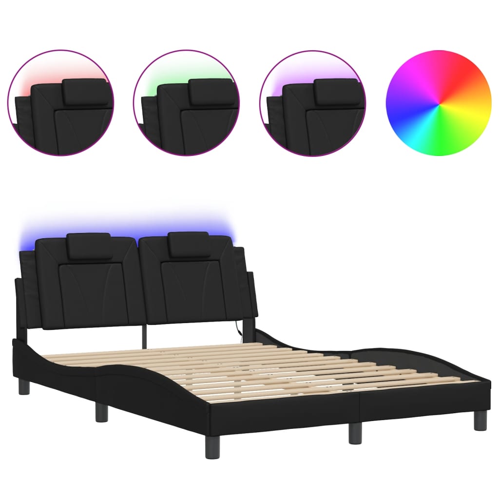 Estrutura de cama c/ luzes LED 120x200cm couro artificial preto