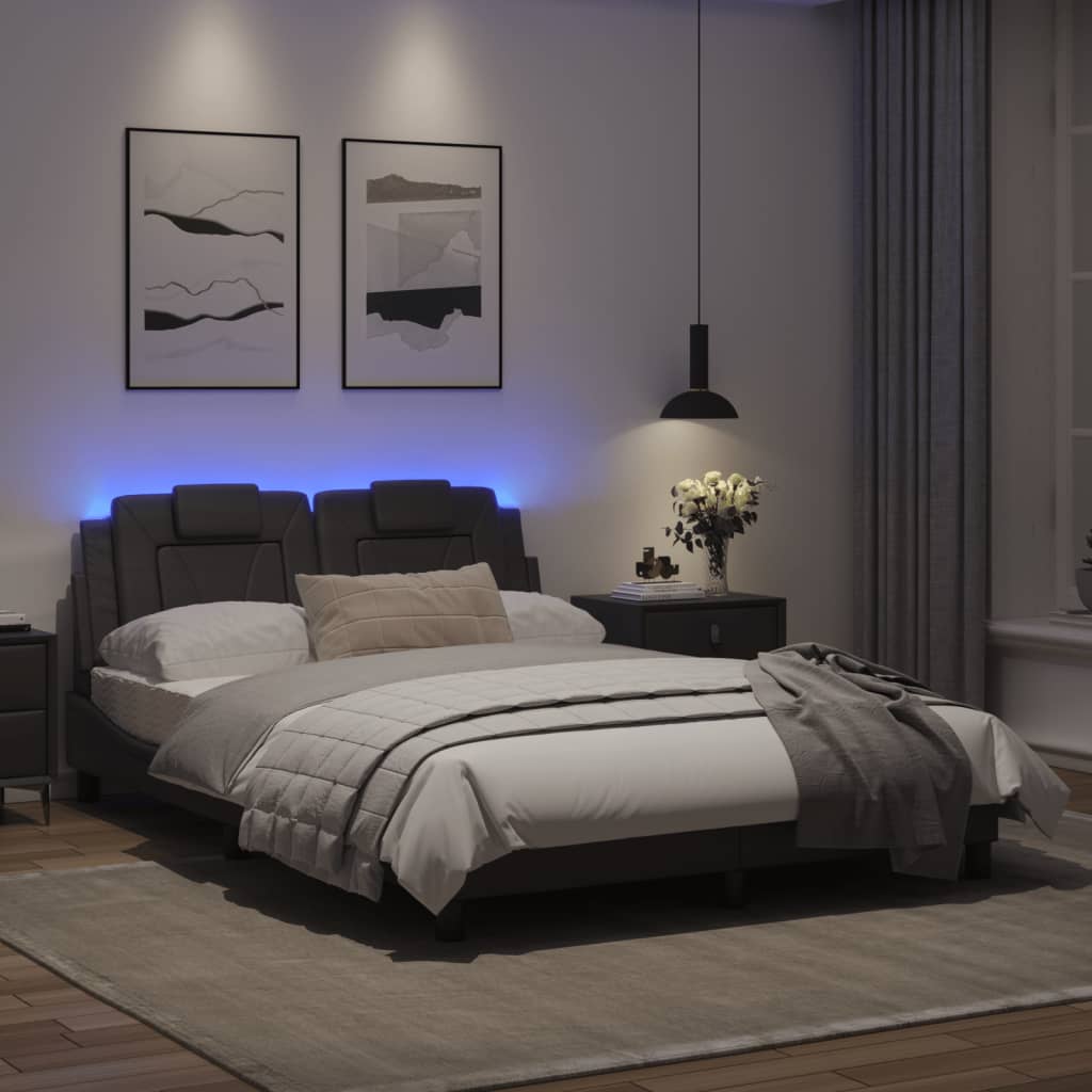 Estrutura de cama c/ luzes LED 120x200cm couro artificial cinza