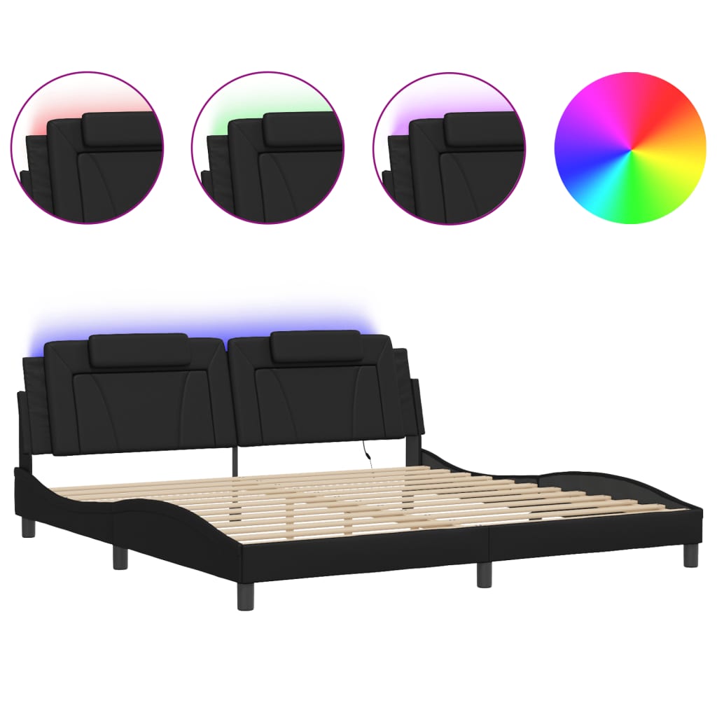 Estrutura de cama c/ luzes LED 200x200cm couro artificial preto