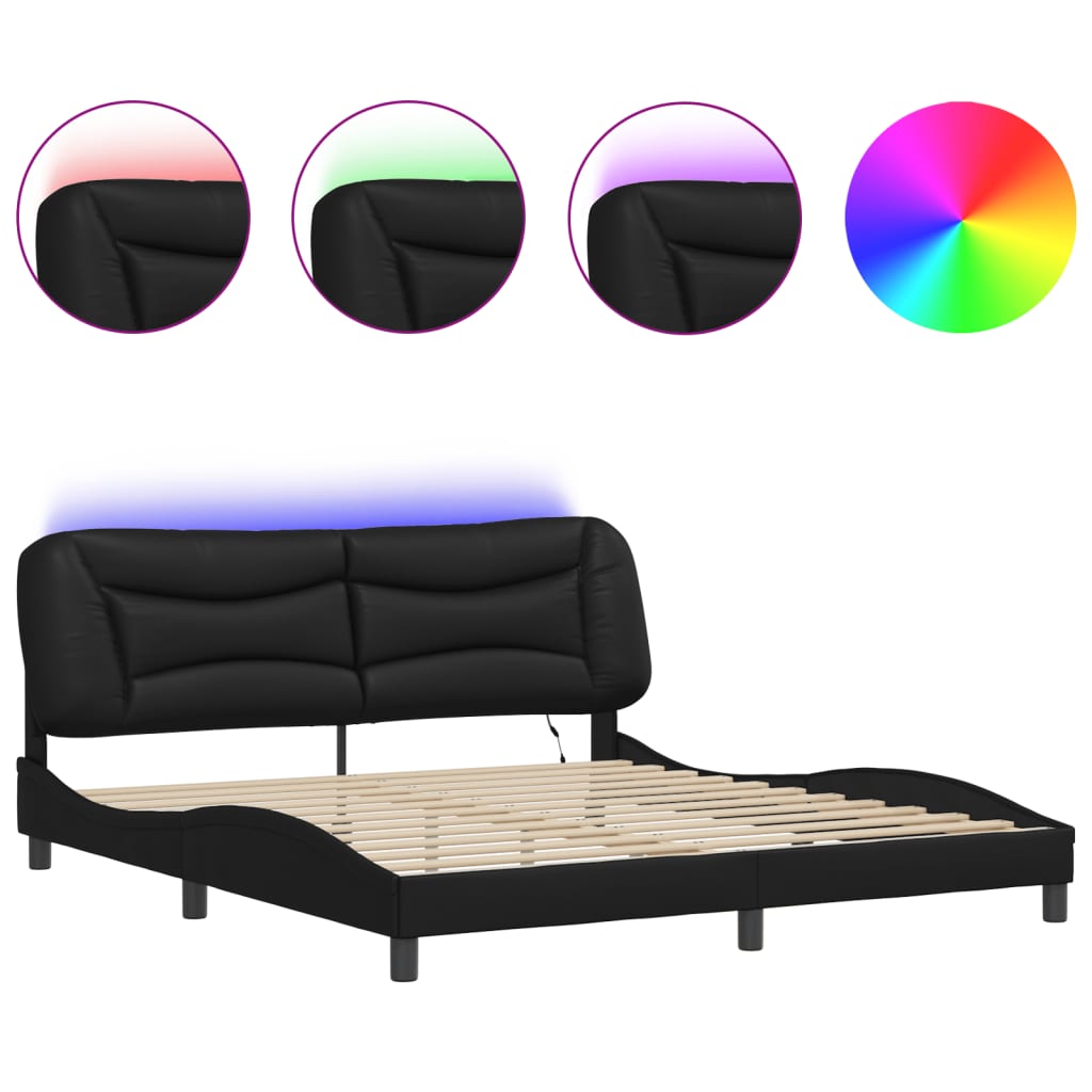 Estrutura de cama c/ luzes LED 180x200cm couro artificial preto