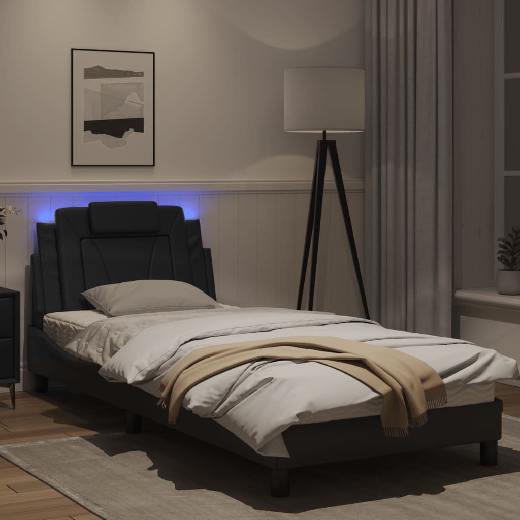 Estrutura de cama c/ luz LED 90x190 cm couro artificial preto