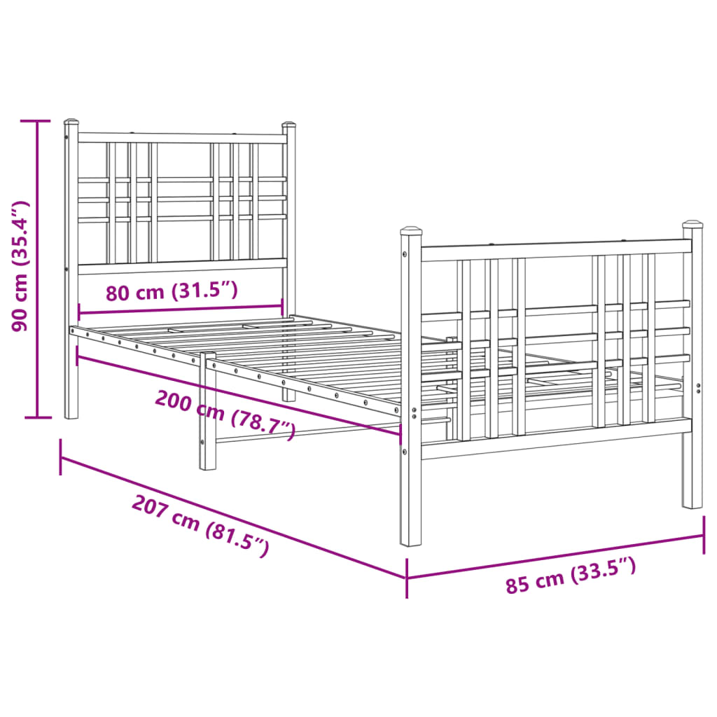 Estrutura de cama com cabeceira e pés 75x190 cm metal preto