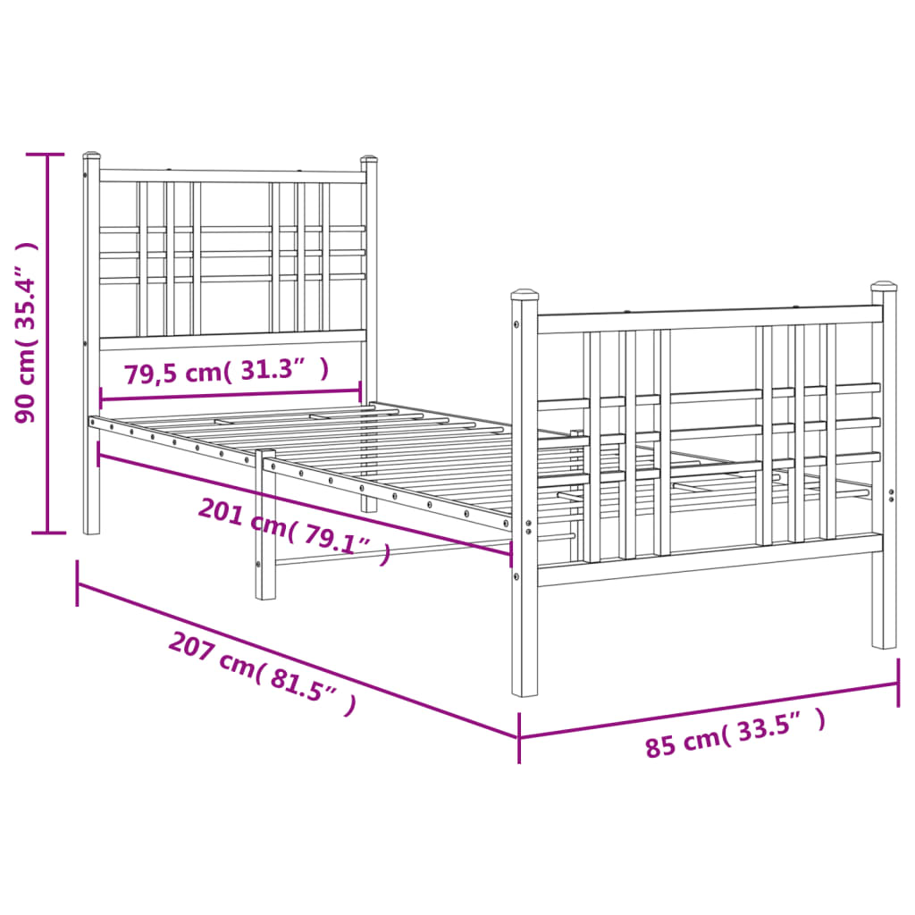 Estrutura de cama com cabeceira e pés 80x200 cm metal preto