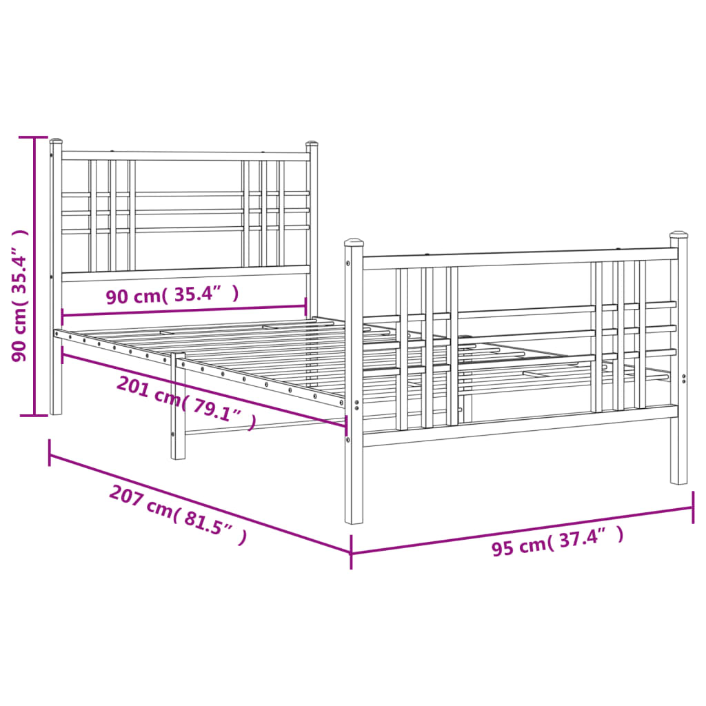 Estrutura de cama com cabeceira e pés 90x200 cm metal preto