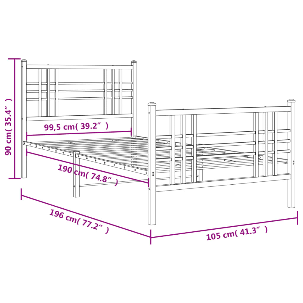 Estrutura de cama com cabeceira e pés 100x190 cm metal preto