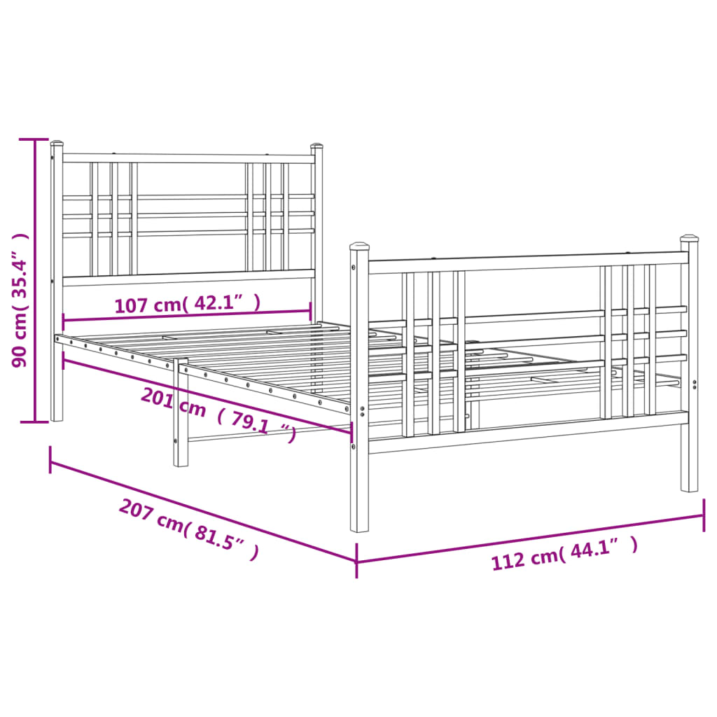 Estrutura de cama com cabeceira e pés 107x203 cm metal preto