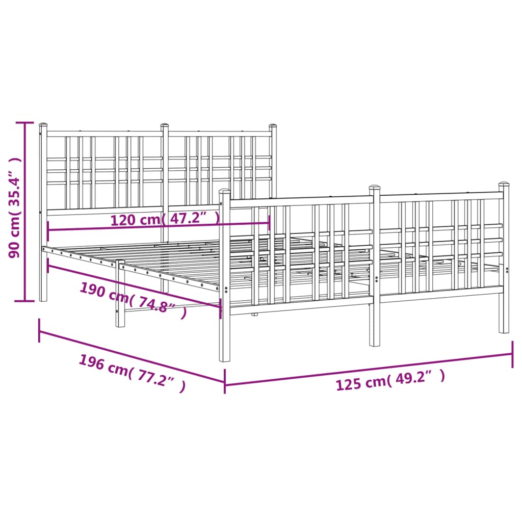 Estrutura de cama com cabeceira e pés 120x190 cm metal preto