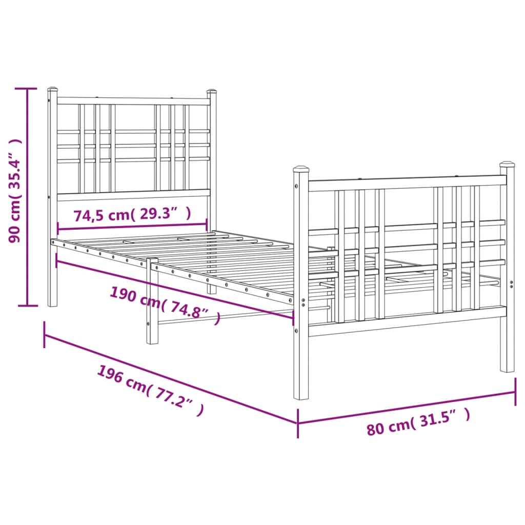 Estrutura de cama com cabeceira e pés 75x190 cm metal branco