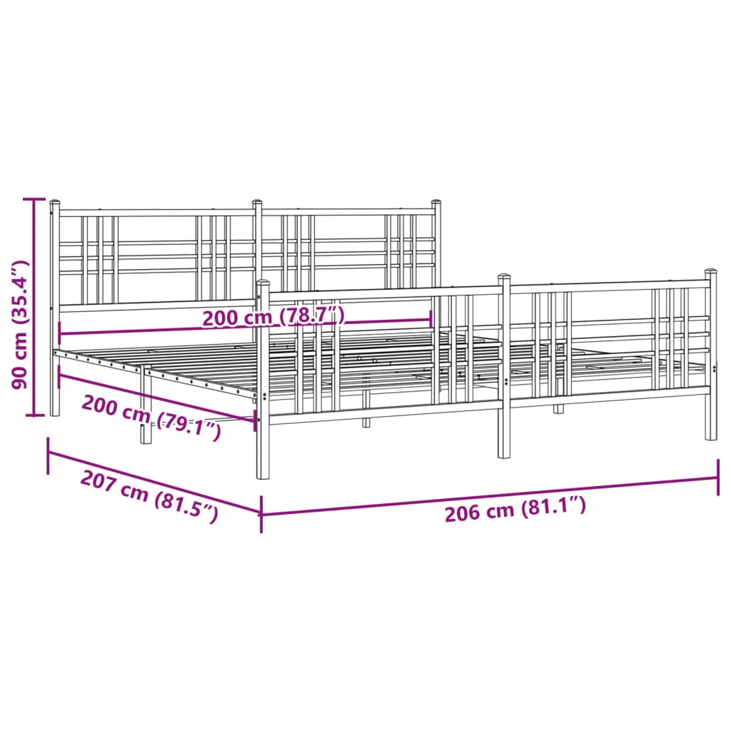 Estrutura de cama com cabeceira e pés 200x200 cm metal branco