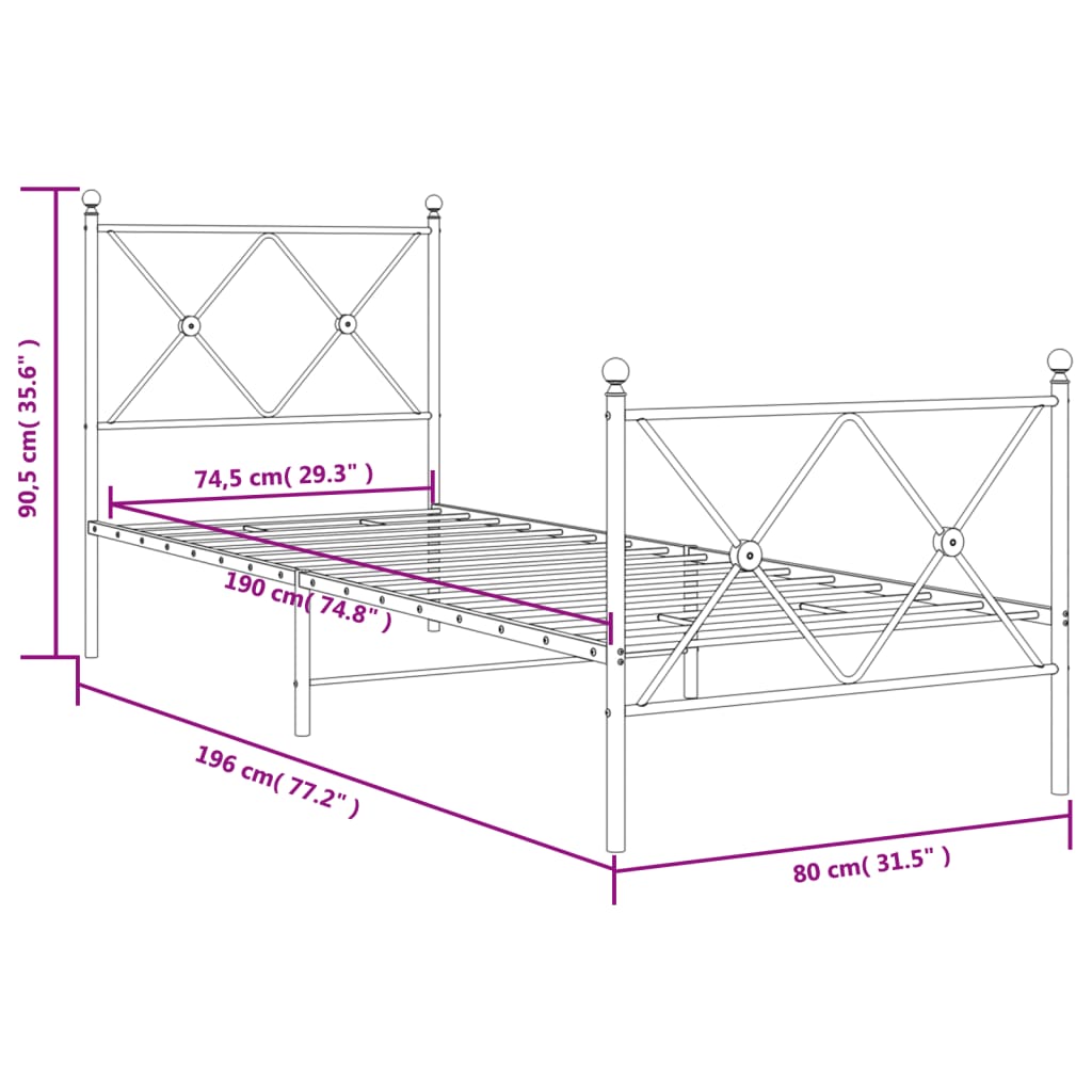 Estrutura de cama com cabeceira e pés 75x190 cm metal branco