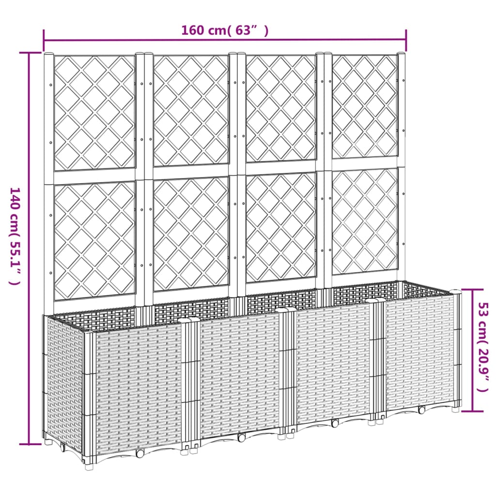 Vaso/floreira jardim c/ treliça 160x40x140 cm PP cinzento-claro